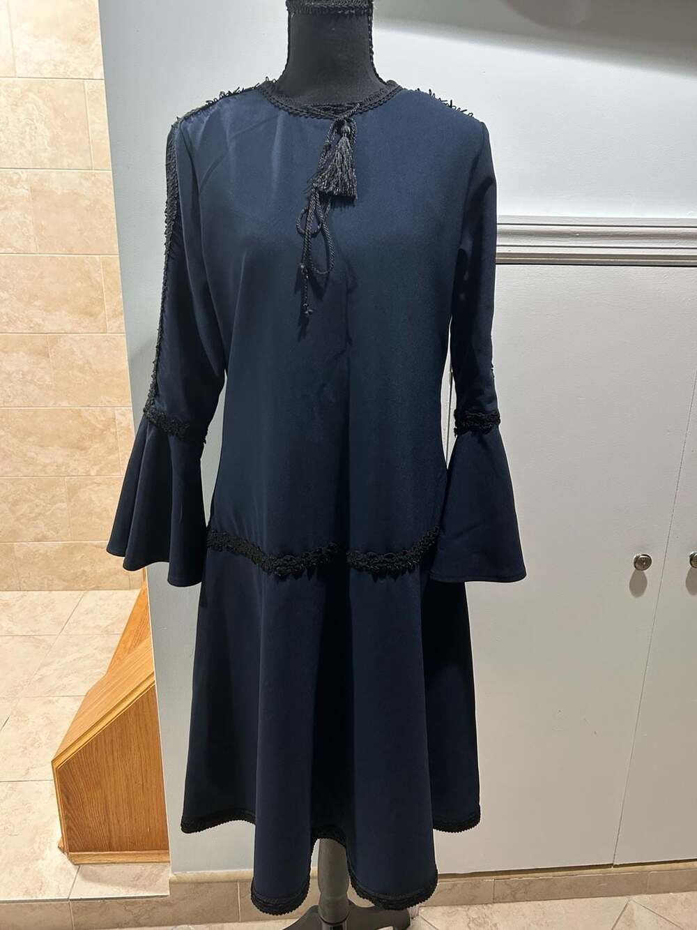French Mason Navy Blue Dress with Black Lace Trim and Bell Sleeves